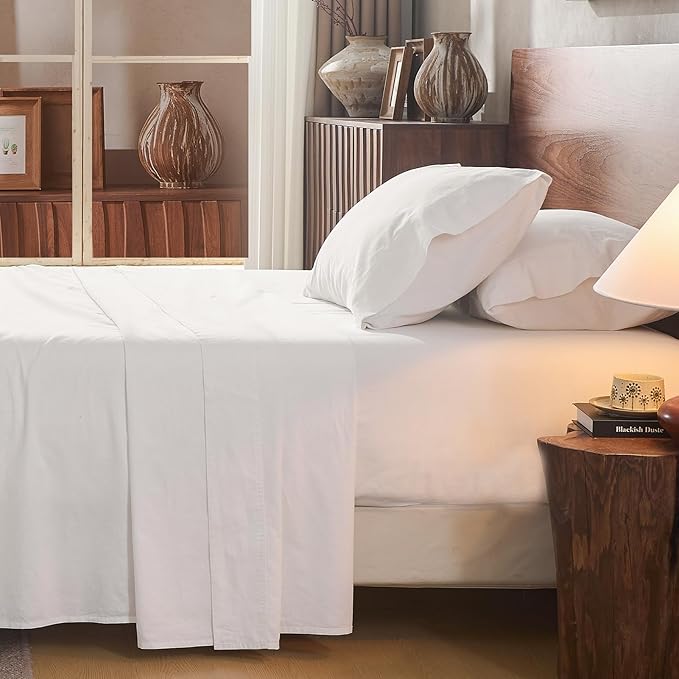 100% Linen Sheet Set Cal King Size Extra Deep Pocket Fits 18-24 Inch Mattress, Breathable & Soft, Smooth 4-Piece Set for Thick Mattresses Hotel Luxury Bedding（Cal King, White）