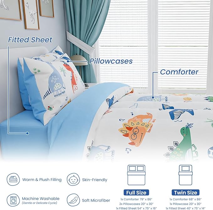 SANDJEST Dinosaurs Bedding Twin Set for Boys Kids Children, Ultra Soft Microfiber Comforter Set with 3-Pieces, Comforters Bed Sets Bedroom Decor
