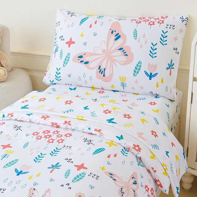 PERFEMET Girls Floral Comforter Set Twin Size 4 Pieces Botanical Flower Bedding Set Butterfly Pattern Teens Kids Bed in a Bag with Sheets for All Seasons(White, Twin)