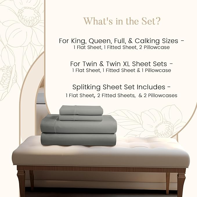 100% Egyptian Cotton XLTwin Sheets Set, 800TC Sateen Weave 3 PC Twin XL Bed Sheets, Fully Elasticated Sheet & Pillowcase Sets, Soft & Comfy No lint Machine Washable Fade Resistant- Silver