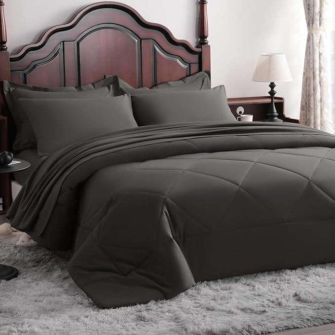NTBAY King Comforter Set with Sheets, 7 Pieces Soft and Breathable King Bedding Set, Bed in a Bag, Down Alternative Comforter Set Solid Color All Season, King Bedding Set, Dark Grey
