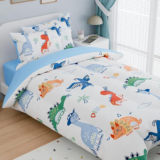 SANDJEST Dinosaurs Bedding Full Set for Boys Kids Children, Ultra Soft Microfiber Comforter Set with 4-Pieces, Comforters Bed Sets Bedroom Decor