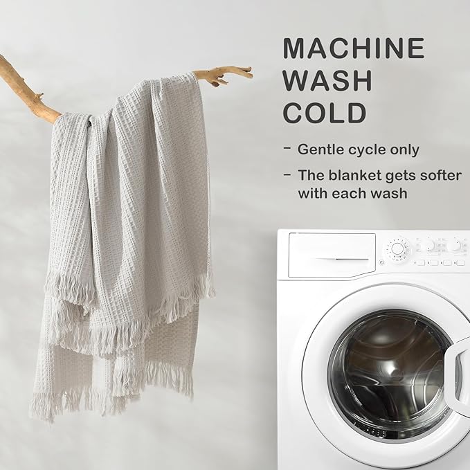100% Cotton Waffle Queen Blanket with Fringe 90"x90", Pre-Washed Waffle Weave Blanket for All Season, Lightweight Breathable Soft Cozy Throw Blanket for Couch, Bed, Travel (Light Grey)