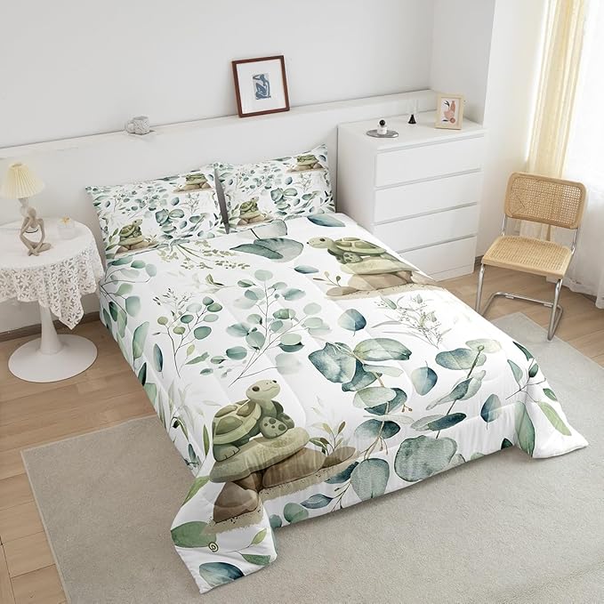 Erosebridal Kawaii Turtle Toddler Comforter Set for Boys Girls Cartoon Animal Bedding Set Toddler, Eucalyptus Leaves Bedding Comforter Sets Marine Wildlife Duvet Set, Tropical Plants Quilted Comforter