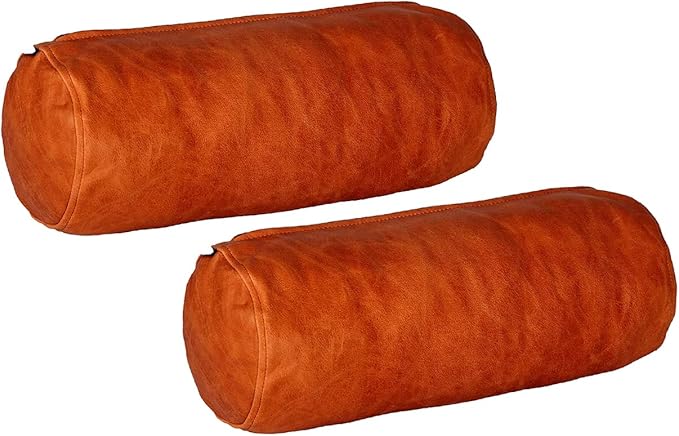 Neck Roll Pillow Cushion Cover, 14x5 Inch Full Moon Round Bolster Pillow Case, Cylinder Soft Lambskin Leather Pillowcase for Head, Spine & Neck Support During Sleep - Rusk Artical Pack of 2