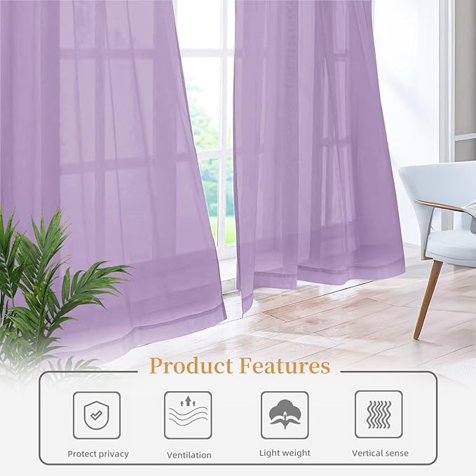 Sheer Curtains 84 Inches Long 2 Panels, Rod Pocket Short Curtain for Kitchen, Bedroom, Cafe Window(Lavender 38" W x 84" L)