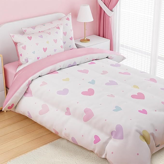 SANDJEST Heart Comforter Set Full Size 98x86in for Kids Girls, Microfiber 4 Pcs Bedding Set Includes 1 Comforter, 2 Pillowcases, 1 Fitted Sheet, Nursery Room Decor