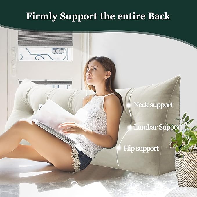 Bed Wedge Headboard Pillow - College Dorm Reading Pillow Back Support While Sitting in Bed - Ergonomic Lumbar Pillow Body Positioning Bed Pillow - Velvet Beige 39IN