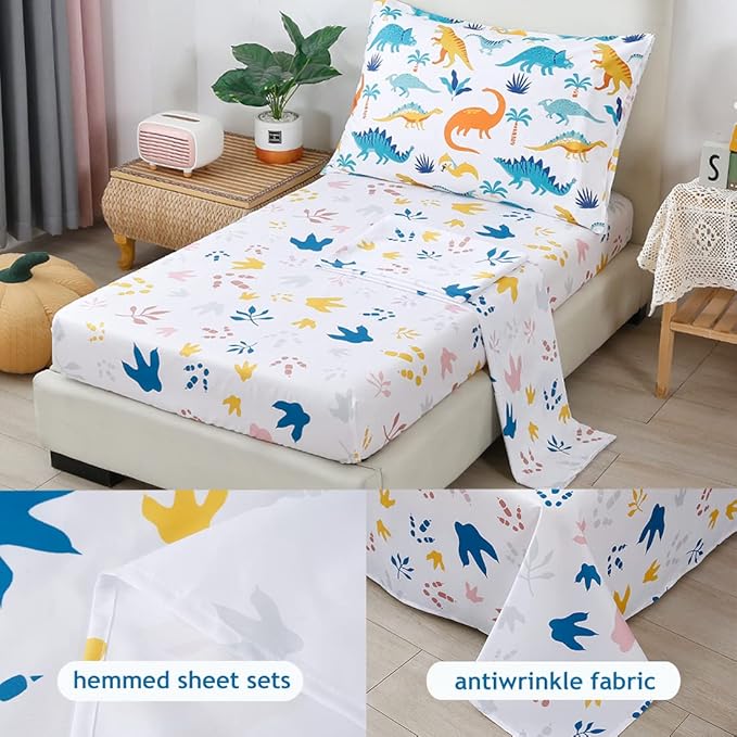 PERFEMET 4 Pieces Toddler Bedding Set Cartoon Dinosaur Print Comforter Sheet Set for Boys Microfiber Soft Toddler Comforter Set Includes Comforter, Flat Sheet, Fitted Sheet and Pillowcase, Colorful