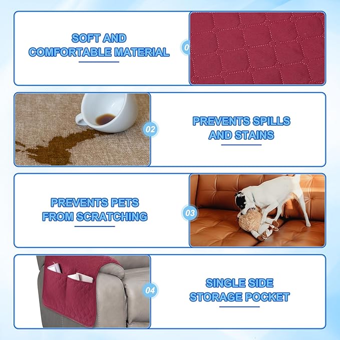 uxcell 3 PCS Armrest Covers, Couch Arm Cover Furniture Protect Slide Recliner Chair Armchair Covers with Side Storage Pocket for Sofa Recliner, Red