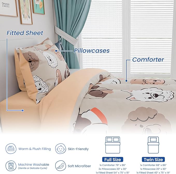 Dog Kids Bedding Set for Girls Boys, Ultra Soft Microfiber Comforter Set Twin Size 3-Pieces, Dogs Comforters Bed Sets for Kid Tween Teen Bedroom Decor