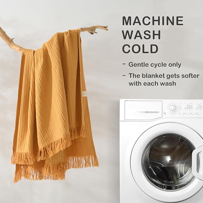 100% Cotton Waffle Blanket with Fringe, Pre-Washed Waffle Weave Blanket for All Season, Lightweight Breathable Soft Cozy Throw Blanket for Couch, Bed, Travel (Mustand Yellow - 50x60 Inches)