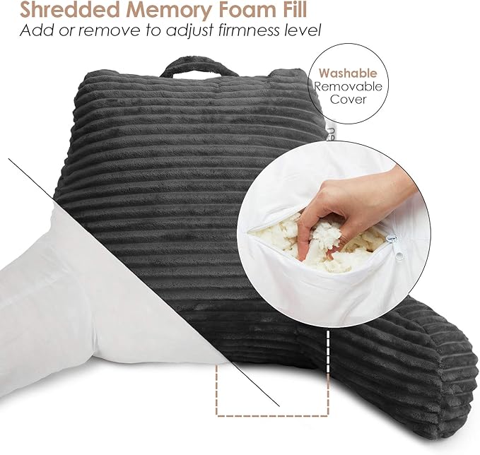 Hearth & Harbor Reading Pillow for Bed Adult – Back Pillow for Sitting in Bed, Standard Bed Pillows for Sitting Up in Bed, Foam Bed Chair Pillow, Grey Bed Rest Pillow