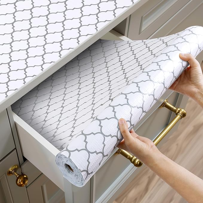 Shelf and Drawer Liner for Kitchen Cabinets Non-Adhesive, Strong Grip Non-Slip Thickened Cabinet Liners for Shelves, Waterproof Mats for Dresser Cupboard, White/Gray, 23 in x 20 Feet