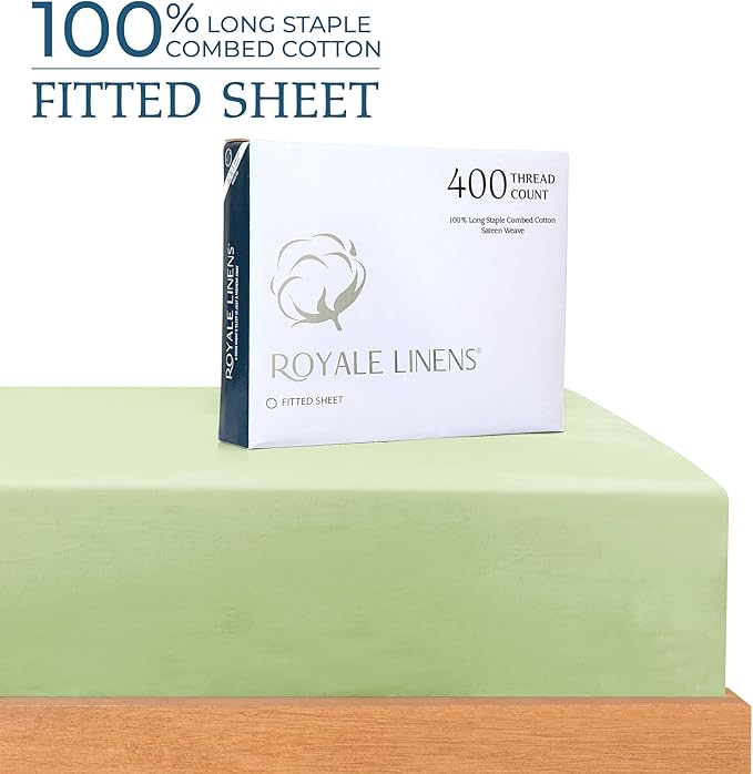 Royale Linens 400 Thread Count 100% American Grown Cotton Fitted Sheet Full Size - All Around Elastic Fitted Sheet - Luxury Sateen Weave - Snug Fit Bottom Sheet Fit Up to 16" (Full, Florentine Sage)
