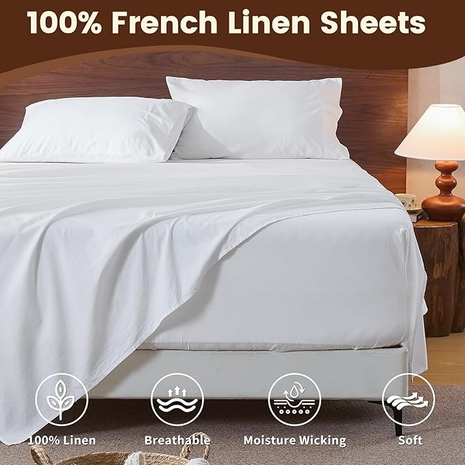 100% Linen Sheet Set Cal King Size Extra Deep Pocket Fits 18-24 Inch Mattress, Breathable & Soft, Smooth 6-Piece Set for Thick Mattresses Hotel Luxury Bedding（Cal King, White）