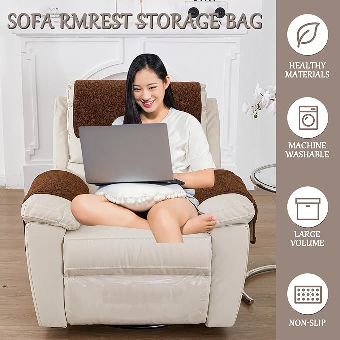 Armrest Cover, Recliner Chair Protector, Furniture Protector Slip, Side Storage Pocket, Stretch Armchair Couch Arm Rest Cover for Recliner, Chair, Sofa (Coffee,3 Seater(5pcs))