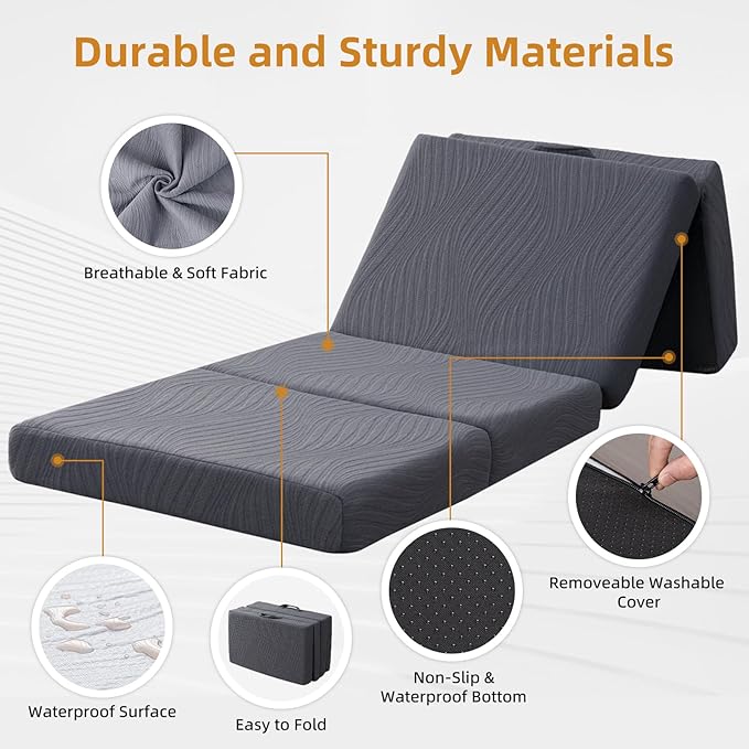 Foldable Memory Foam Mattress - 3 Inch Full Waterproof Collapsible Mattress with Washable Cover, Portable Guest Bed Pad, Sleeping Mat for Travel RV Camping Yoga, Non-Slip Bottom,75"x54"x3"