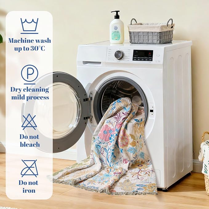 MSGKV Boho Throw Blanket for Couch Cotton Floral Blanket 50"x60" Throws for Sofa Chair Muslin Breathable Lightweight Farmhouse Blankets Home Decor All Seasons