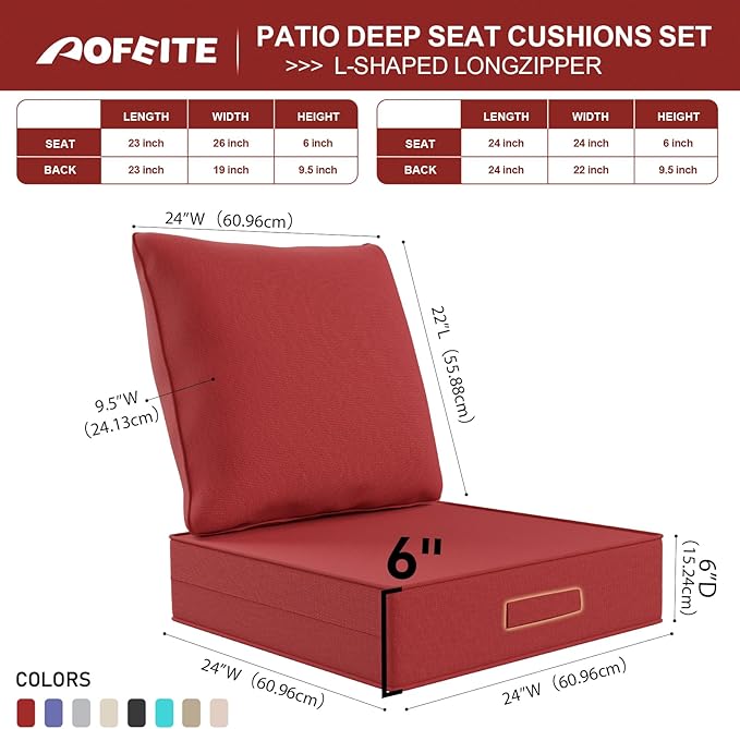 Outdoor Olefin Water-Resistant Deep Seat Cushion Set, 2PCS Weather and Fade Resistant 24''x 24''x 6'' Patio Furniture Seat Cushion, Thickened Sofa Chair Pad for Lawn, Garden, Red