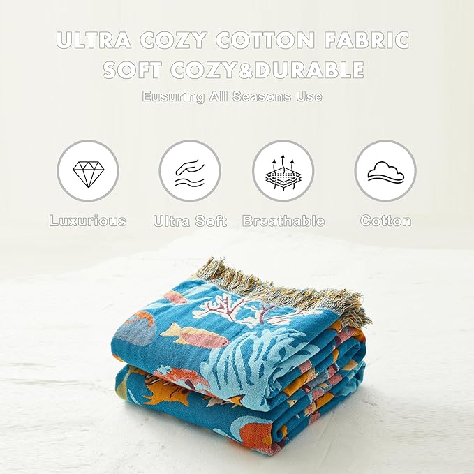 MSGKV Throw Blanket for Couch Cotton Cute Ocean Animals Blanket 50"x60" Sofa Chair Blankets Muslin Breathable All Seasons Lightweight Farmhouse Home Decor