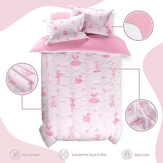 SANDJEST Ballerina Comforter Set Twin Size 68x86in for Kids Girls, Microfiber 3 Pcs Bedding Set Includes 1 Comforter, 1 Pillowcase, 1 Fitted Sheet, Nursery Room Decor