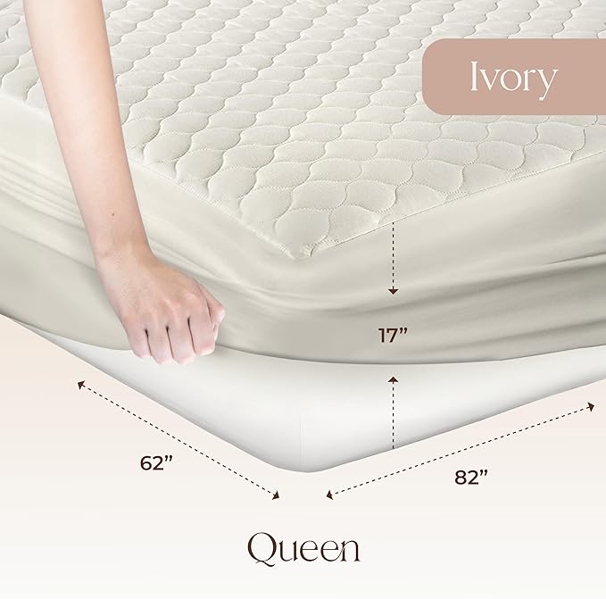 100% Cotton Organic Mattress Pad - Breathable & Cooling Mattress Protector Queen Size - Premium 300GSM Quilted and Noiseless Machine Washable Organic Mattress Protector (Ivory, Queen)