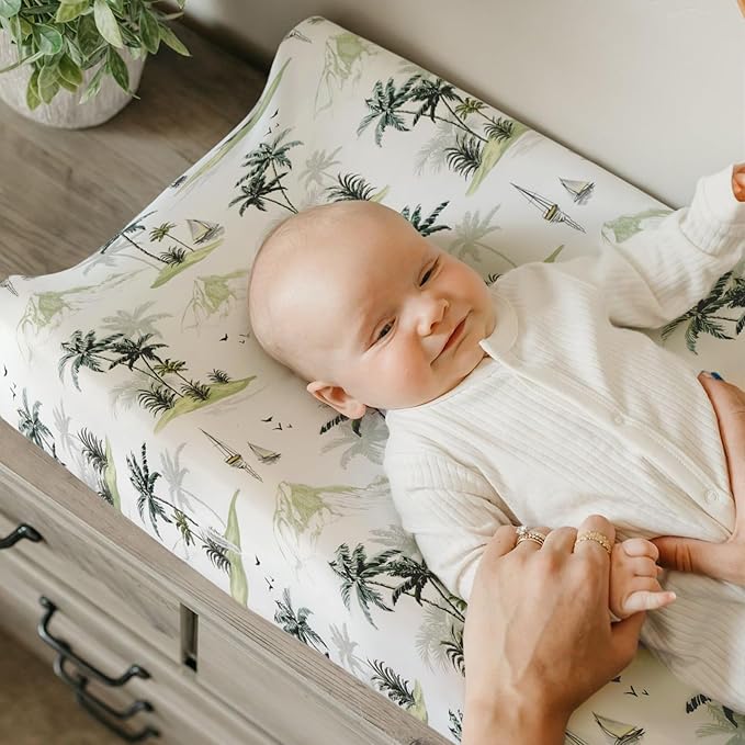 GRSSDER Stretch Ultra Soft Jersey Knit Changing Pad Cover Set 2 Pack, Change Table Pad Covers Fit 32"/34" x 16" Pads Safe and Snug, Sunny Holiday Pattern