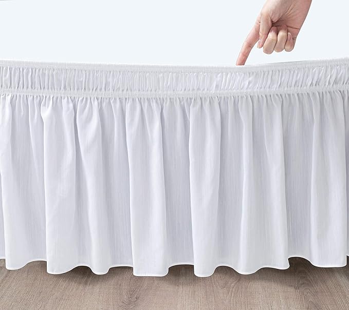 White Wrap Around Bed Skirts with 16" Drop - Three Sides Fabric Adjustable Elastic Dust Ruffle Silky Soft -600 TC Stretchy Bed Skirt-Olympic Queen(66"X 80") White