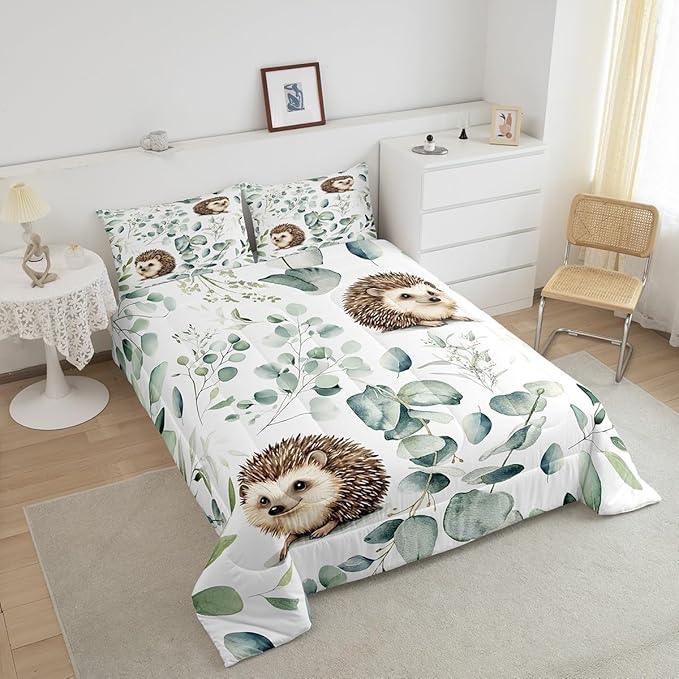 Erosebridal Cute Hedgehog Bedding King Size for Kids Child Green Eucalyptus Comforter Set King, Woodland Animal Duvet Insert Plant Leaves Quilt Set, Cartoon Wildlife Bedding Comforters & Sets