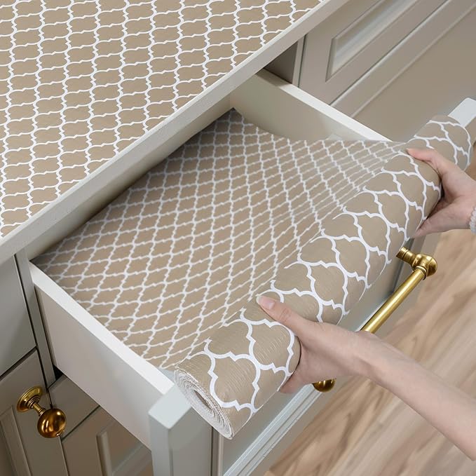 Shelf and Drawer Liner for Kitchen Cabinets Non-Adhesive, Strong Grip Non-Slip Thickened Cabinet Liners for Shelves, Waterproof Mats for Dresser Cupboard, Beige, 17 in x 20 Feet