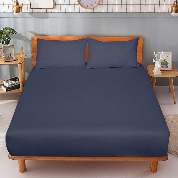 ROYALE LINENS 300 Thread Count 100% Long Staple Combed Cotton Fitted Sheet Full - Super Soft Deep Pocket Bottom Sheet - Fitted Sheets Only - Elastic Sheets (Full, Navy)