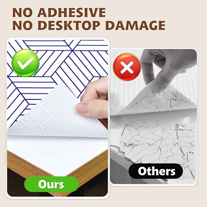 Shelf Liners for Kitchen Cabinets 17.3in x 20FT, Non Adhesive Cabinet Liner Strong Non-Slip White and Blue Geometric Drawer Liner, Easy to Clean for Shelf, Cabinet with Knife and Tape Measure