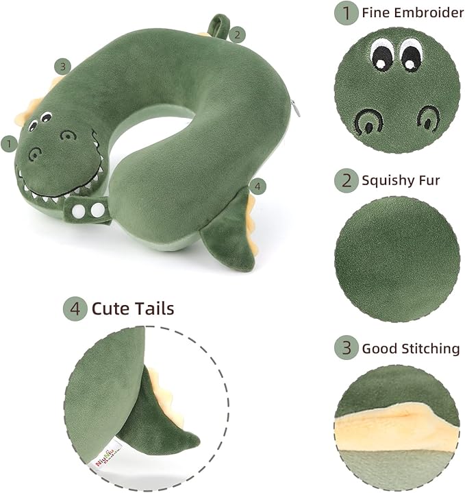 Niuniu Daddy Crocodile Kids Travel Neck Pillows for 3-8 Years Old, Soft Memory Foam Neck Support Pillows for Airplane, Car Seat, Travel Essentials for Kids Children Boys Girls Road Trip Sleeping