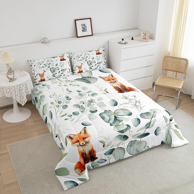 Erosebridal Girls Cartoon Animal Toddler Comforter Set for Kids Toddler Kawaii Fox Bedding Set, Woodland Wildlife Bedding Comforter Sets Jungle Wild Fox Duvet Set, Green Eucalyptus Quilted Comforter