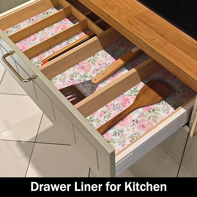 Peach Peony Shelf and Drawer Liner 12IN x 20FT,Non-Adhesive and Strong Non-Slip Floral Cabinet Drawer Liners for Kitchen Shelf, Waterproof Cupboard Liners,Easy to Clean