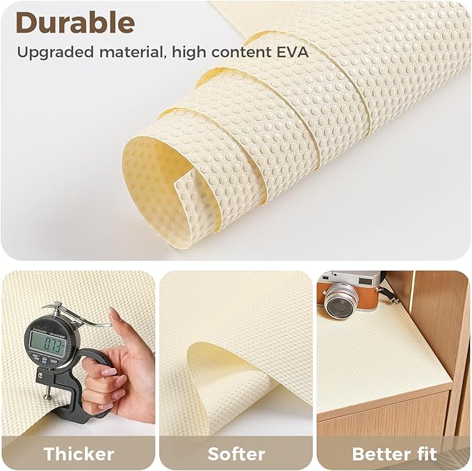 100% EVA Shelf Liner for Kitchen Cabinet, 24" x 120" Drawer Liners Non Adhesive Non Slip Waterproof Plastic Paper, Dresser Pantry Bathroom Refrigerator Protector, Cream