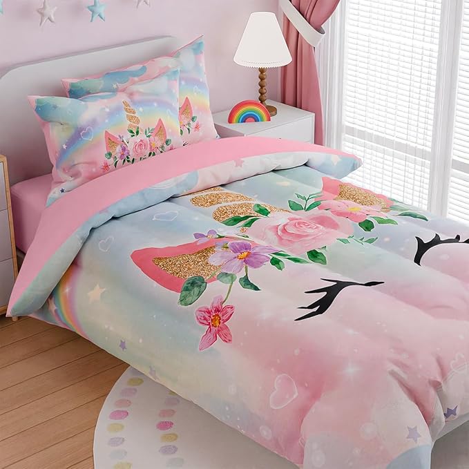 SANDJEST Unicorns Bedding Set for Girls Kids Teen Tween, Ultra Soft Microfiber Comforter Set Twin Size with 3-Pieces, Comforters Bed Sets Bedroom Decor