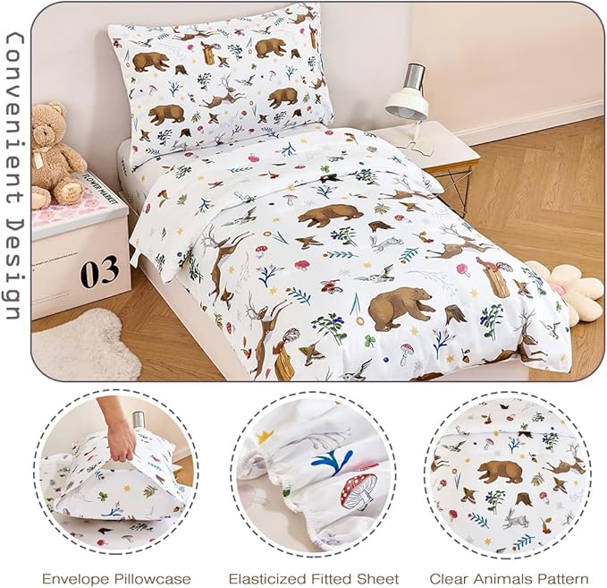 PERFEMET Kids Comforter Sets Twin 4 Pieces Cartoon Woodland Animal Print Bedding for Boys Girls Soft Reversible Bear Deer Forest Theme Children Bedroom Set with Sheets for All Season Use