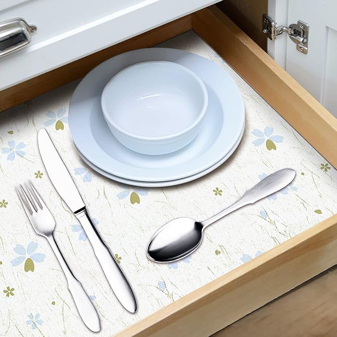 RAY STAR 18X96 Inch Shelf Liner for Kitchen Cabinets, Non-Adhesive Cabinet Liner Washable, PVC Drawer Liner for Dresser Non-Slip Bathroom (Floral)(9 Roll)