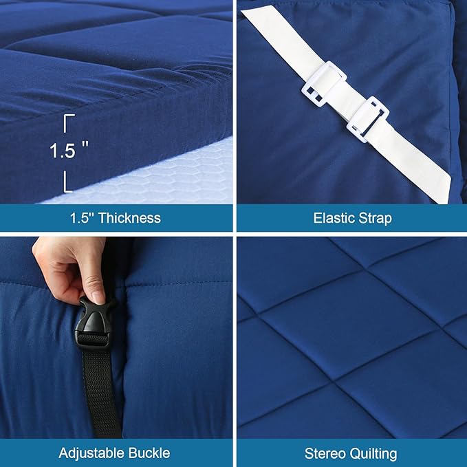 Cot Mattress Topper (Improved Thickness), Foam Quilted Pads for Camping, Soft Comfortable Sleeping Cot Mattress Pad Only, Camping Pad 75"x30" for Camp Cot/Rv Bunk/Narrow Twin Beds, Navy
