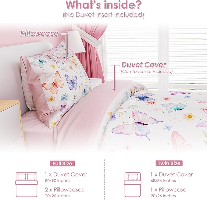 SANDJEST Butterfly Duvet Cover Sets Full Size for Kids Girls, Incude 1 Polyester Comforter Cover 80x90 Inches and 2 Pillowcases 20x26 Inches, Comforter Not Included, Gift for Christmas Birthday