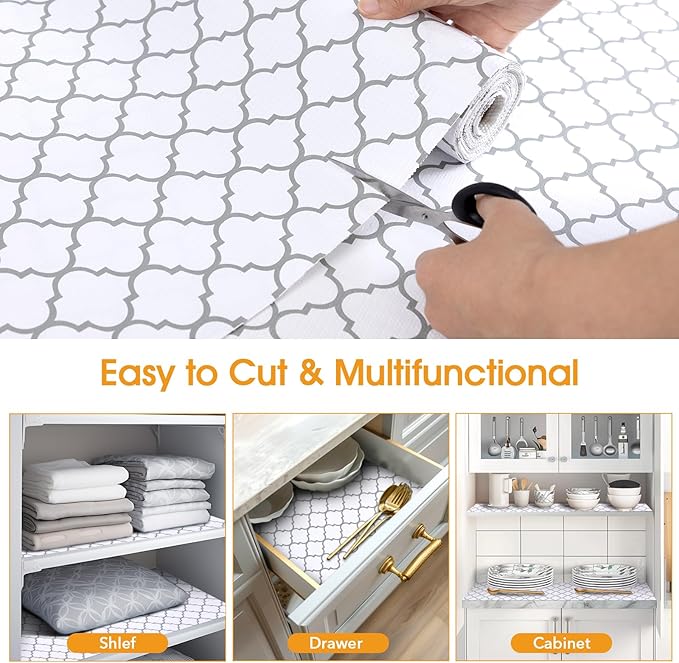 Shelf and Drawer Liner for Kitchen Cabinets Non-Adhesive, Strong Grip Non-Slip Thickened Cabinet Liners for Shelves, Waterproof Mats for Dresser Cupboard, White/Gray, 23 in x 30 Feet