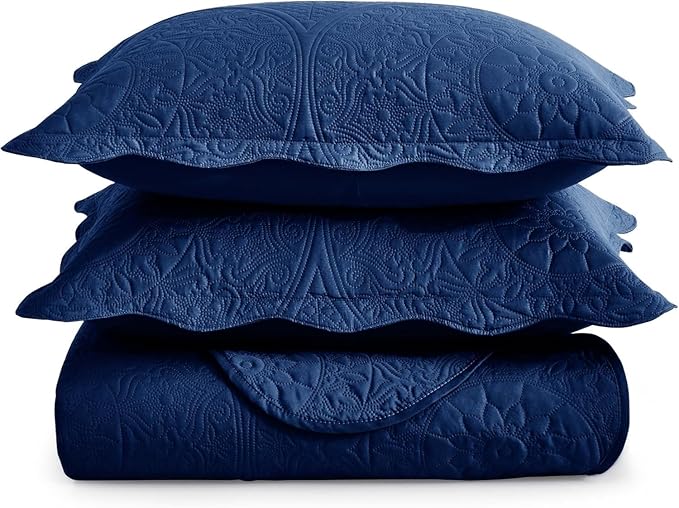 IR Imperial Rooms King Quilt Bedding Set Size (106" x 96") + 2 Pillow Shams (20" x 36"+ 2") - 3 Pcs All Season Lightweight Reversible Microfiber Coverlet Floral Embossed Quilt Bedspread (Blue)