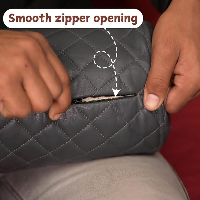 Neck Roll Pillow Cushion Cover, 14x6 Inch Full Moon Round Bolster Pillow Case, Cylinder Soft Lambskin Leather Pillowcase for Head, Spine & Neck Support During Sleep - Quilted Charcoal Grey Pack of 1