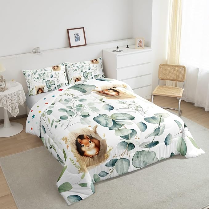 Erosebridal Kawaii Squirrel Queen Bedding Sets for Boys Girls Cartoon Animal Comforter Set, Eucalyptus Leaves Down Comforter Jungle Wildlife Bedding Comforter Sets, Tropical Plants Duvet Insert