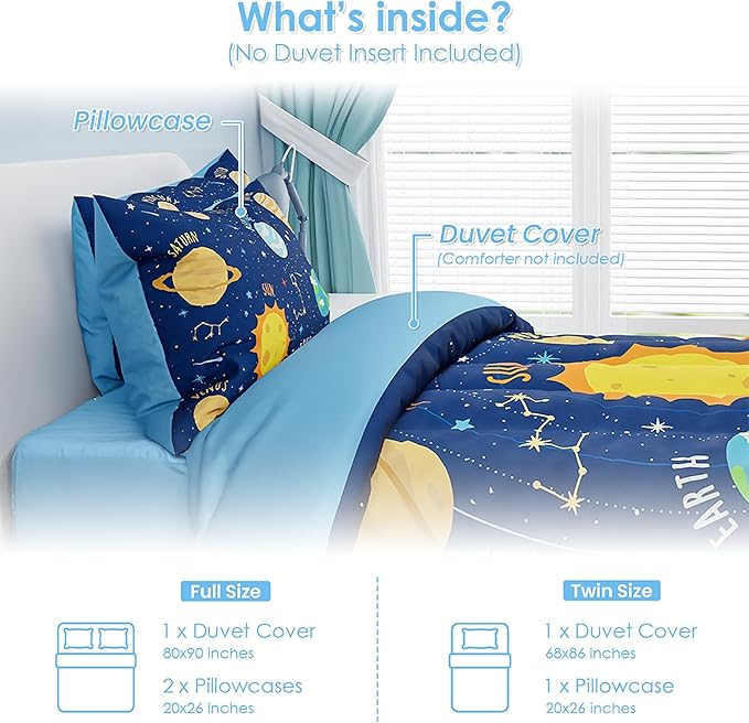 SANDJEST Solar System Duvet Cover Sets Full Size for Kids Boys, Incude 1 Polyester Comforter Cover 80x90 Inches and 2 Pillowcases 20x26 Inches, Comforter Not Included, Gift for Christmas Birthday