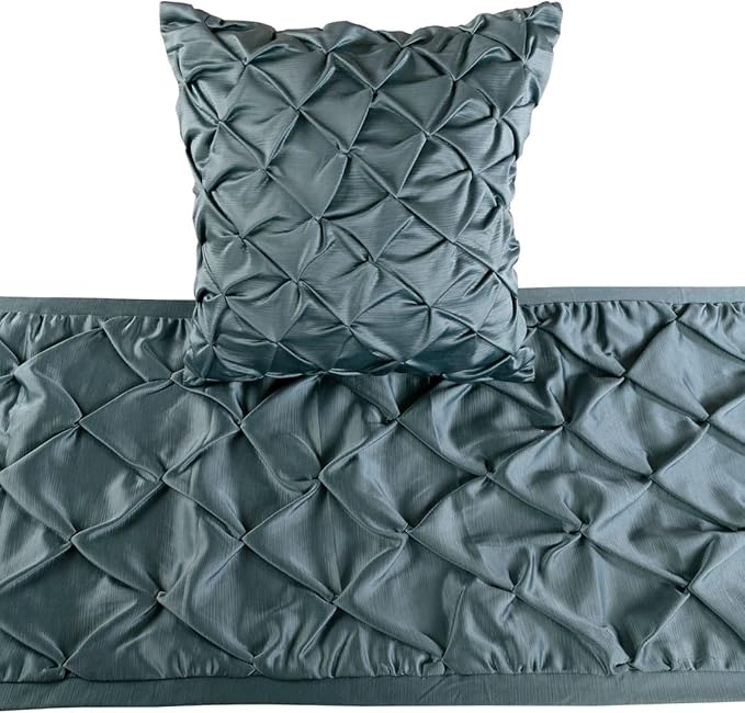 The HomeCentric Decorative Blue Queen 74 x 18 inch Bed Runner with Pillow Cover, Satin Pintucks Bed Scarf, Solid Color Modern - Satin Nights