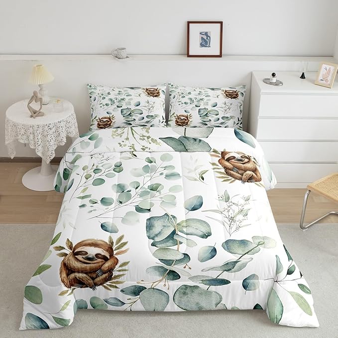 Erosebridal Girls Kawaii Animal Full Comforter Set Cute Sloth Bedding Set Full, Cartoon Wildlife Bedding Comforter Sets Green Leaf Duvet Set, Spring Plant Quilted Comforter Child Kids Bedroom Decor