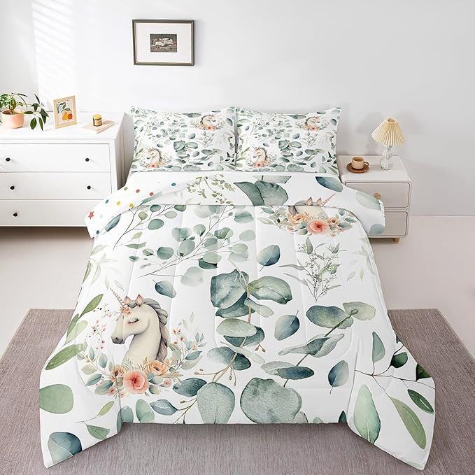 Erosebridal Kids Cute Animal Bedding Full Size for Girls Boys Cartoon Unicorn Comforter Set Full, Spring Eucalyptus Duvet Insert Floral Quilt Comforter, Kawaii Magical Animal Bedding Comforters & Sets